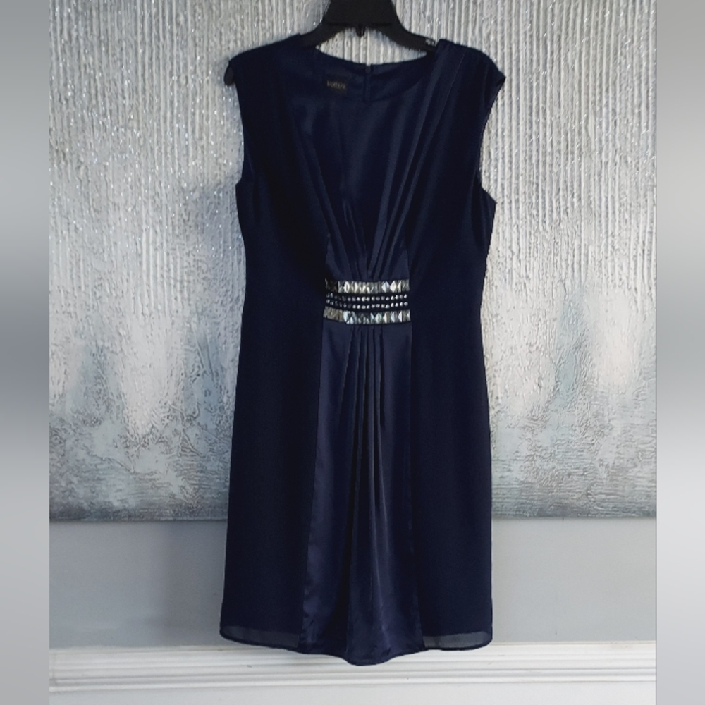 Madeline Midnight Blue Jewel Mixed Material Midi Pleated Cocktail Dress